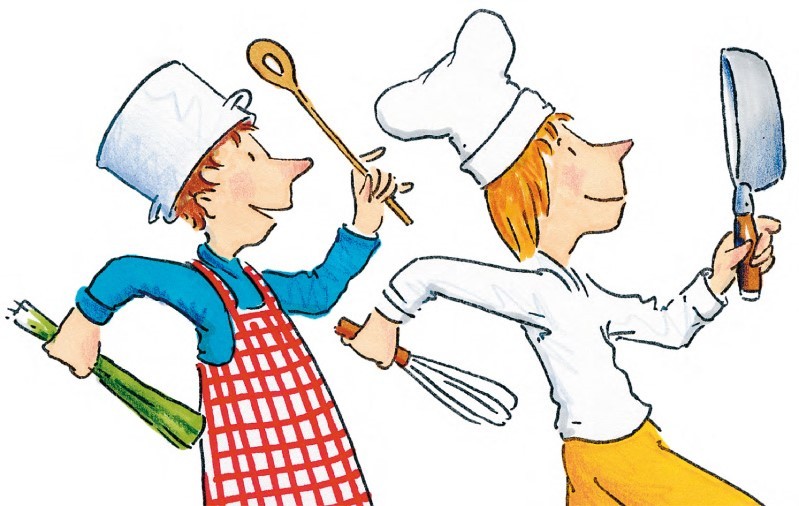 zwei Kinder beim Kochen Comic