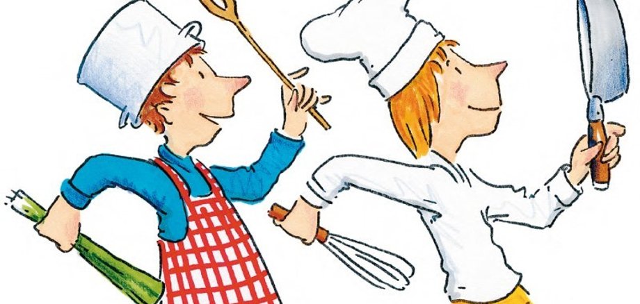 zwei Kinder beim Kochen Comic